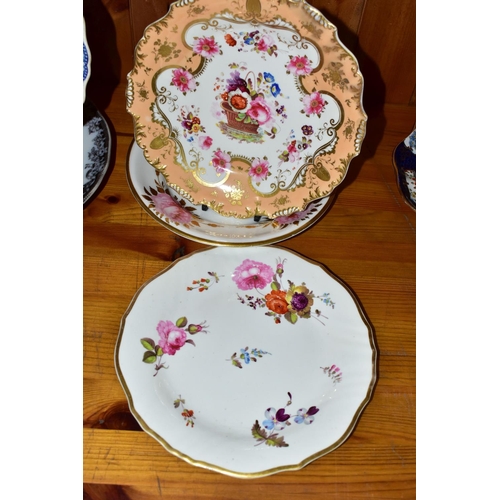 413 - FOUR ASSORTED NINETEENTH CENTURY HANDPAINTED PLATES, comprising an apricot ground plate painted with... 