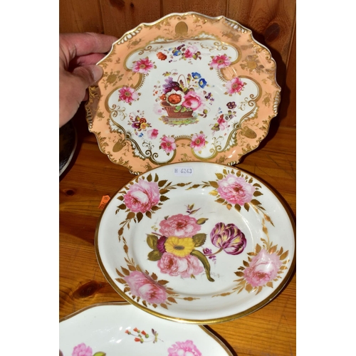 413 - FOUR ASSORTED NINETEENTH CENTURY HANDPAINTED PLATES, comprising an apricot ground plate painted with... 