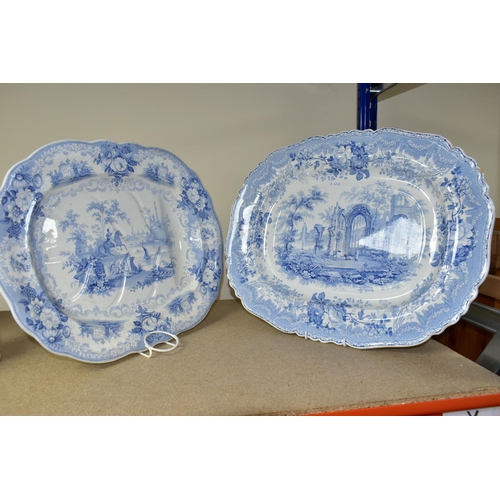 415 - TWO 19TH CENTURY RECTANGULAR FORM BLUE AND WHITE MEAT PLATES, comprising one decorated with a scene ... 