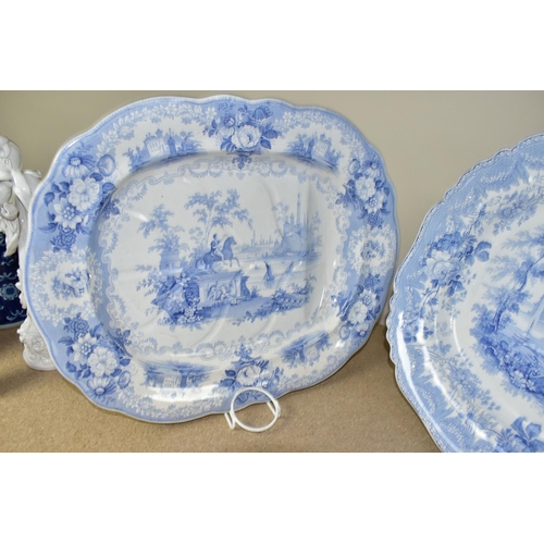 415 - TWO 19TH CENTURY RECTANGULAR FORM BLUE AND WHITE MEAT PLATES, comprising one decorated with a scene ... 