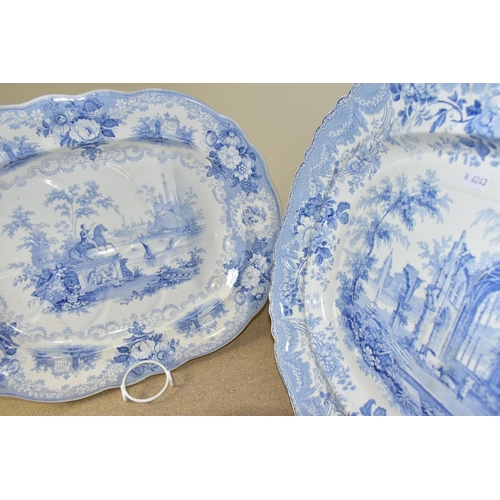 415 - TWO 19TH CENTURY RECTANGULAR FORM BLUE AND WHITE MEAT PLATES, comprising one decorated with a scene ... 