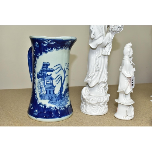 416 - A GROUP OF ORIENTAL STYLE PORCELAIN AND TWO BLANC DE CHINE FIGURES, comprising two Blanc De Chine 'Q... 