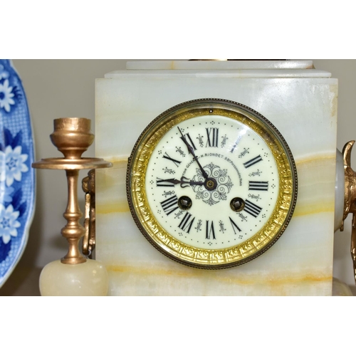 417 - A LATE 19TH CENTURY FRENCH MARBLE CLOCK GARNITURE with  key, a cream enamel dial marked Comptoir Gen... 