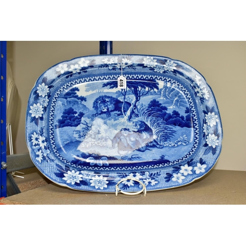 418 - AN ADAMS BLUE AND WHITE PEARLWARE MEAT PLATE, embossed 18 on the back, decorated with a savannah sce... 