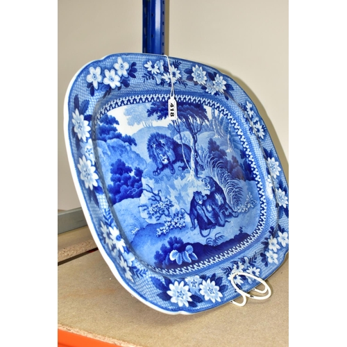 418 - AN ADAMS BLUE AND WHITE PEARLWARE MEAT PLATE, embossed 18 on the back, decorated with a savannah sce... 