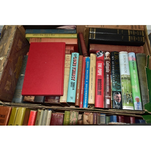 424 - BOOKS & MAPS, four boxes containing over 100 miscellaneous book titles, mostly in hardback format to... 