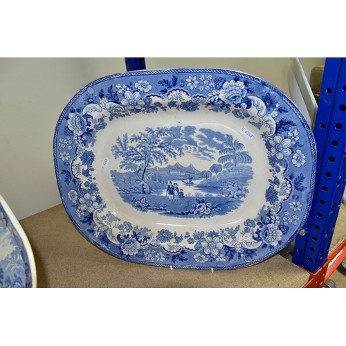 425 - TWO 19TH CENTURY BLUE AND WHITE MEAT PLATES, one is decorated with Eton College with a floral border... 