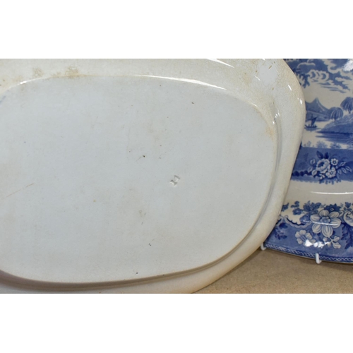 425 - TWO 19TH CENTURY BLUE AND WHITE MEAT PLATES, one is decorated with Eton College with a floral border... 