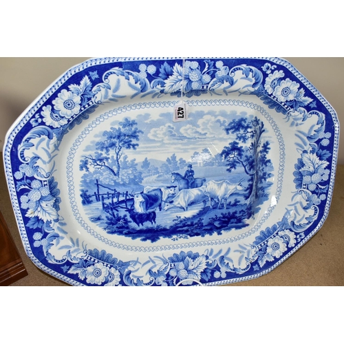 427 - A LATE 19TH CENTURY LARGE BLUE AND WHITE J&W.R MEAT PLATE, marked on the back as 'Rural Scenery', de... 