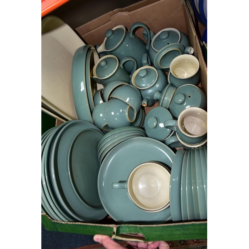 433 - THREE BOXES OF DENBY OVEN TO TABLEWARE, to include a quantity of a 'Manor Green' dinnerware, serving... 