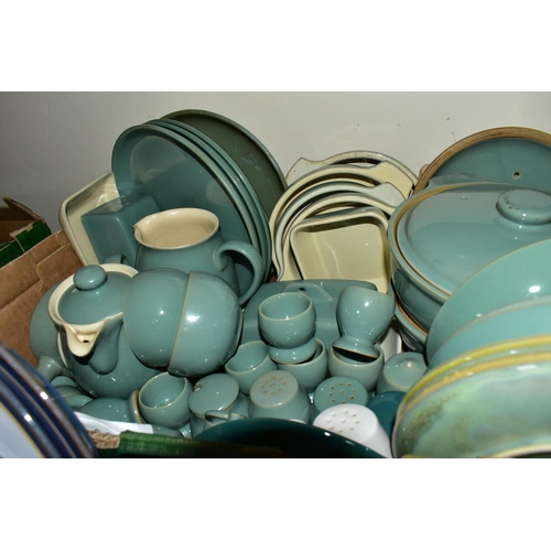 433 - THREE BOXES OF DENBY OVEN TO TABLEWARE, to include a quantity of a 'Manor Green' dinnerware, serving... 