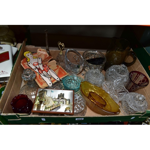 434 - THREE BOXES OF CUT CRYSTAL,VINTAGE TOYS AND ORNAMENTS, to include two Royal Brierley lidded pots,  a... 