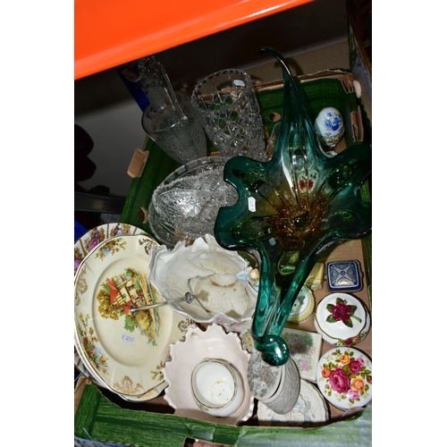 434 - THREE BOXES OF CUT CRYSTAL,VINTAGE TOYS AND ORNAMENTS, to include two Royal Brierley lidded pots,  a... 