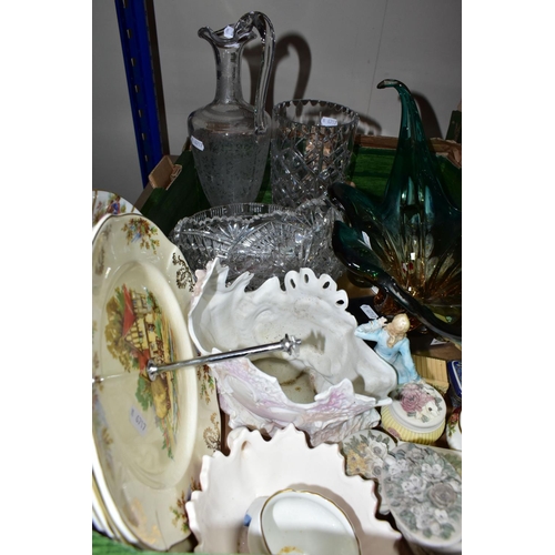 434 - THREE BOXES OF CUT CRYSTAL,VINTAGE TOYS AND ORNAMENTS, to include two Royal Brierley lidded pots,  a... 