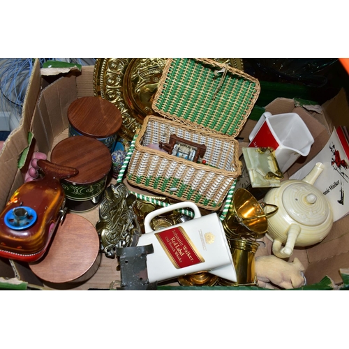 434 - THREE BOXES OF CUT CRYSTAL,VINTAGE TOYS AND ORNAMENTS, to include two Royal Brierley lidded pots,  a... 