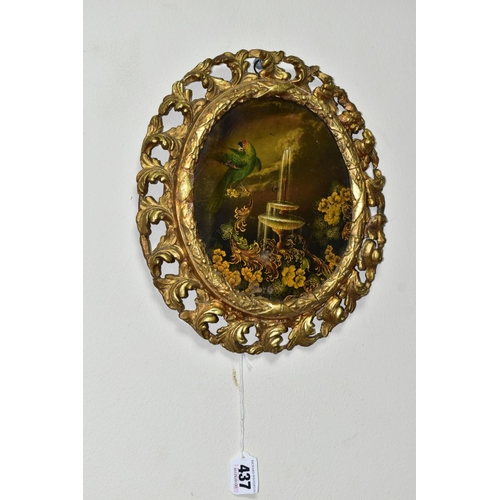 437 - A 19TH CENTURY GILT FRAMED OVAL PAPIER MACHÉ PAINTING, of an exotic parrot, fountain and foliate des... 