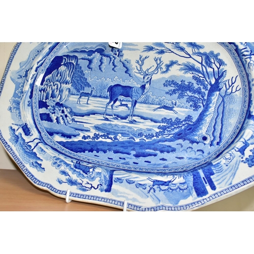 442 - A NINETEENTH CENTURY BEWICK STAG MEAT PLATE, having a central motif of deer in the landscape, surrou... 