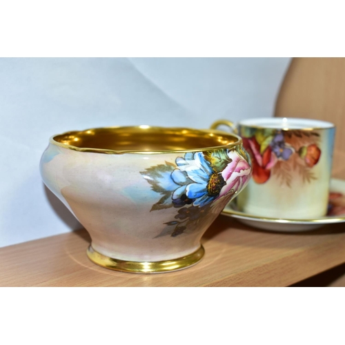 447 - AN AYNSLEY FLORAL DECORATED COFFEE CAN, SAUCER AND SUGAR BOWL BY J. A. BAILEY, the sugar bowl of sho... 