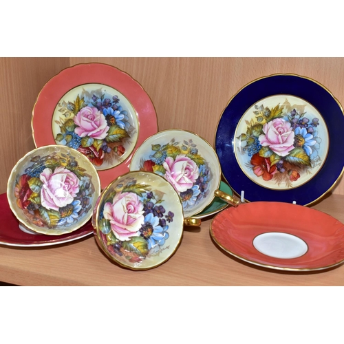 459 - THREE AYNSLEY FLORAL DECORATED TEA CUPS AND SAUCERS BY J. A. BAILEY, with two tea plates, wavy rims,... 