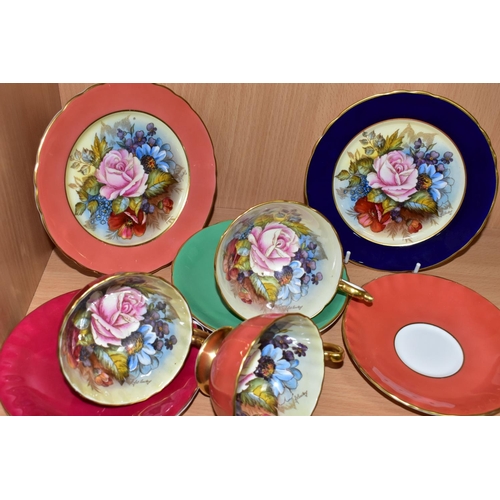 459 - THREE AYNSLEY FLORAL DECORATED TEA CUPS AND SAUCERS BY J. A. BAILEY, with two tea plates, wavy rims,... 