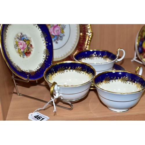 461 - AN AYNSLEY CABINET PLATE, TEA CUPS AND SAUCERS BY J. A. BAILEY, with wavy rims, the cups having a wh... 