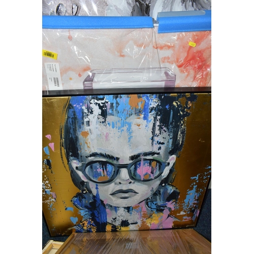 467 - SIX MODERN DECORATIVE BOX CANVAS PRINTS, comprising a hand embellished monochrome portrait of a fema... 