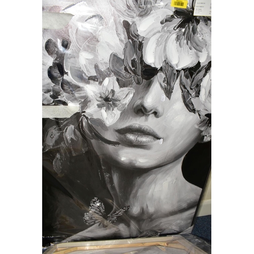 467 - SIX MODERN DECORATIVE BOX CANVAS PRINTS, comprising a hand embellished monochrome portrait of a fema... 