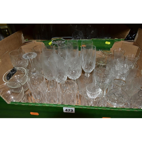 473 - FOUR BOXES AND LOOSE CUT GLASS, DRINKING GLASSES AND SUNDRIES ETC, to include a set of six whiskey t... 