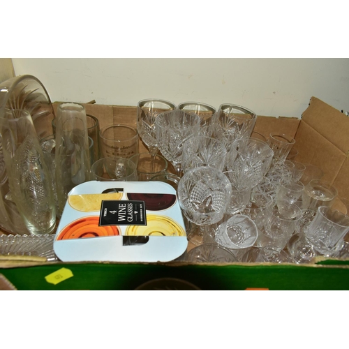 473 - FOUR BOXES AND LOOSE CUT GLASS, DRINKING GLASSES AND SUNDRIES ETC, to include a set of six whiskey t... 