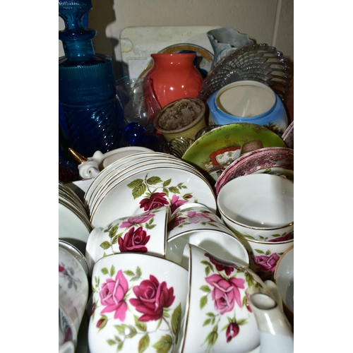 480 - FOUR BOXES OF ASSORTED CERAMICS AND GLASS ETC, to include a Royal Crown Devon vase with Charlotte Rh... 