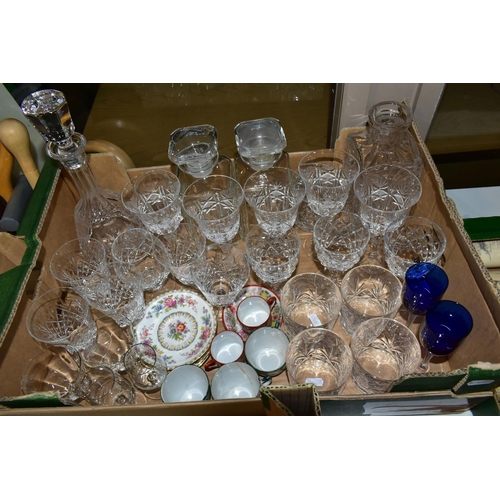 487 - CERAMICS & GLASS, two boxes containing a collection of glass crystal decanters, wine glasses and gob... 