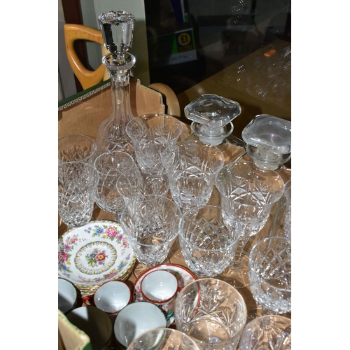 487 - CERAMICS & GLASS, two boxes containing a collection of glass crystal decanters, wine glasses and gob... 