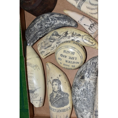 488 - ONE BOX OF REPRODUCTION RESIN SCRIMSHAW, an iron medallion stamp for one side of Prince Albert's ina... 