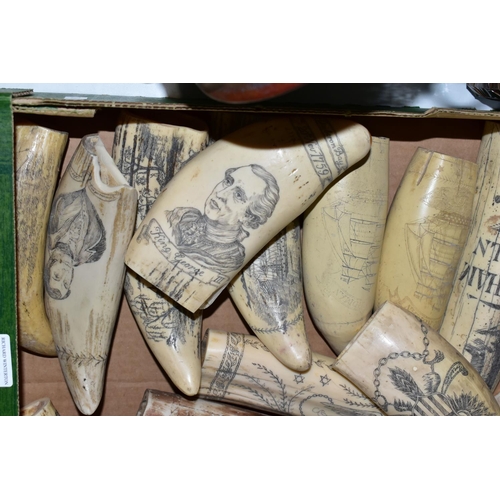 488 - ONE BOX OF REPRODUCTION RESIN SCRIMSHAW, an iron medallion stamp for one side of Prince Albert's ina... 