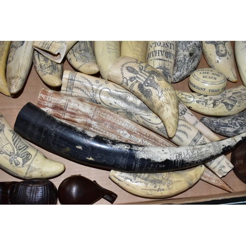 488 - ONE BOX OF REPRODUCTION RESIN SCRIMSHAW, an iron medallion stamp for one side of Prince Albert's ina... 