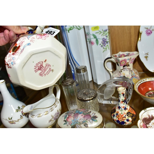 493 - A GROUP OF ROYAL CROWN DERBY AND OTHER CERAMICS AND GLASSWARE, including two Masons Ironstone 'Broca... 