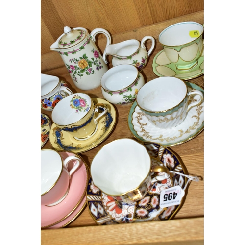 495 - A COLLECTION OF AYNSLEY COFFEE CANS, COFFEE CUPS, TEA CUPS. SAUCERS, CREAM JUGS, SUGAR BOWLS, ETC, i... 