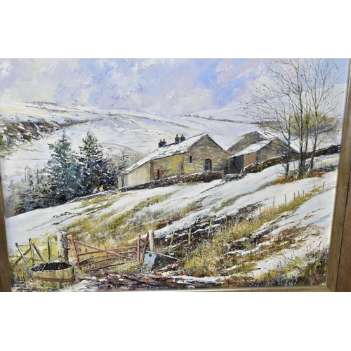 496 - DENNIS HARPER (BRITISH CONTEMPORARY) 'BARNS AT BOWERBANK, CUMBRIA', a winter landscape depicting far... 