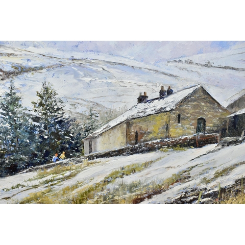 496 - DENNIS HARPER (BRITISH CONTEMPORARY) 'BARNS AT BOWERBANK, CUMBRIA', a winter landscape depicting far... 