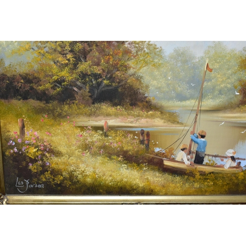 497 - LES PARSON (BRITISH 1945) TWO NOSTALGIC VIEWS OF CHILDREN AND BOATS BESIDE WATER, both signed bottom... 