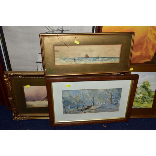 499 - A SMALL QUANTITY WATERCOLOURS AND PRINTS,  comprising an early 20th Century watercolour scene depict... 