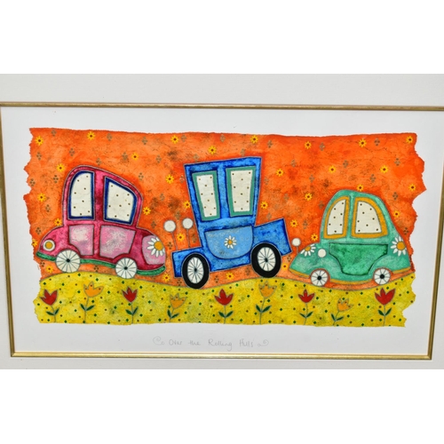 515 - HELEN RHODES (BRITISH 1970) 'OVER THE ROLLING HILLS', three colourful cars against a brightly colour... 