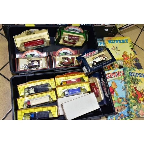 525 - TWO BOXES OF TOYS AND BOOKS containing a collection of modern die-cast cars (Lledo) Scalextric model... 