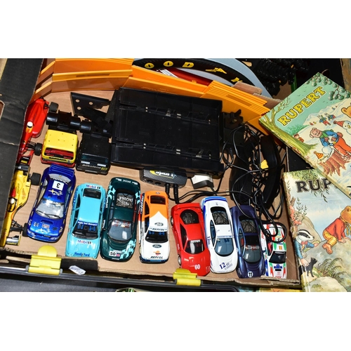 525 - TWO BOXES OF TOYS AND BOOKS containing a collection of modern die-cast cars (Lledo) Scalextric model... 