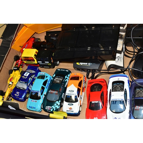 525 - TWO BOXES OF TOYS AND BOOKS containing a collection of modern die-cast cars (Lledo) Scalextric model... 