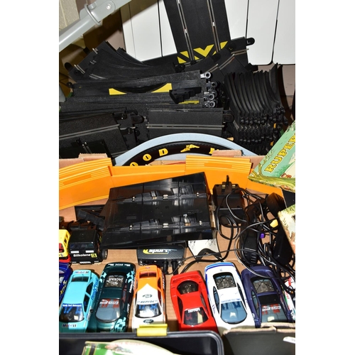 525 - TWO BOXES OF TOYS AND BOOKS containing a collection of modern die-cast cars (Lledo) Scalextric model... 