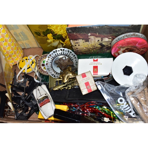 526 - SUNDRIES three boxes of miscellaneous items to include prints, metalware, empty tins and boxes, a vi... 