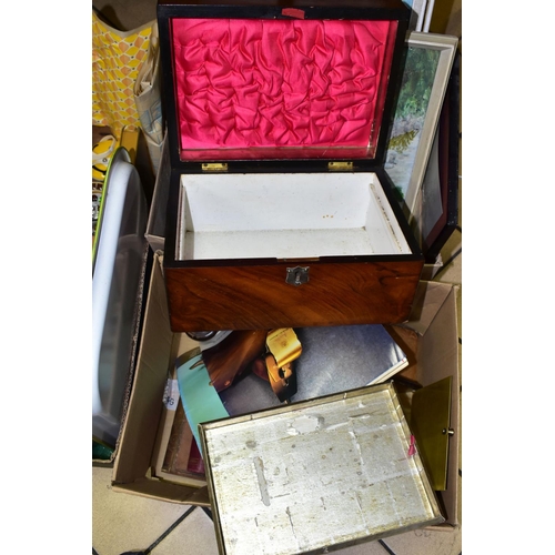 526 - SUNDRIES three boxes of miscellaneous items to include prints, metalware, empty tins and boxes, a vi... 