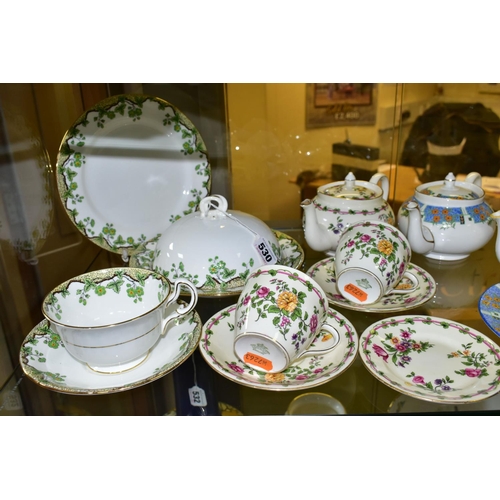 530 - A GROUP OF AYNSLEY TEA AND BREAKFAST WARES, comprising an Emerald Isle tea cup, saucer, covered muff... 