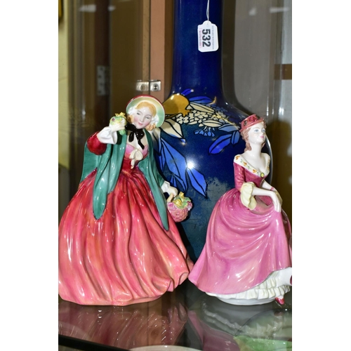 532 - A ROYAL DOULTON VASE AND TWO ROYAL DOULTON AND COALPORT FIGURINES, comprising a Royal Doulton vase w... 